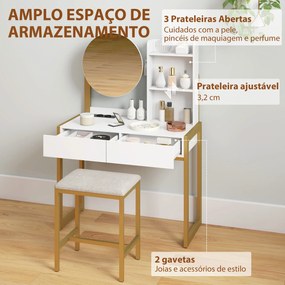Toucador de Maquilhagem com Espelho e Banco Acolchoado Estação de Carregamento 2 Gavetas 3 Prateleiras para Quarto Branco