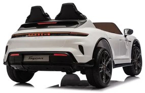 Carro elétrico infantil 24v Porsche Taycan - Turbo S, 2 lugares, Pneus de borracha, assento em couro sintético Branco
