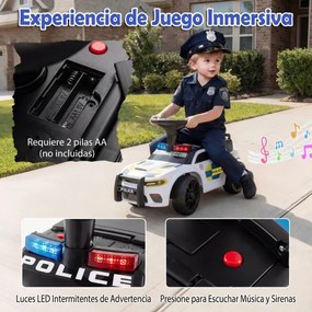 Andador de polícia deslizante para bebés com mais de 18 meses, com luzes, música e sirene, arrumação debaixo do assento, branco