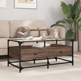Mesa de centro c/ topo vidro 98,5x50x45cm carvalho castanho aço