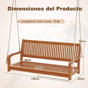 Banco de madeira suspenso para varanda para 2 pessoas com ganchos e cordas para jardim Carga 360kg Castanho