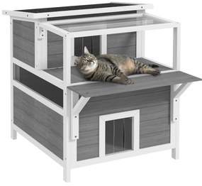 PawHut Casa para Gatos de Madeira 64x87x76 cm de 2 Níveis com Teto Asfáltico Janela e Porta com Cortina 64x87x76 cm Cinza Claro | Aosom Portugal