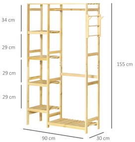 Guarda Roupa com Prateleiras de 4 Níveis com Barra Prateleira Inferior e Cabide Lateral para Roupas Bolsas Dormitório 90x30x155cm Natural