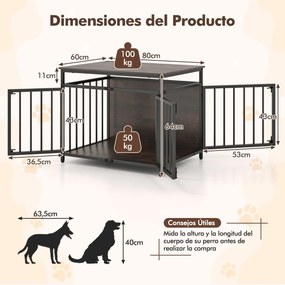 Gaiola para cães 80 x 60 x 64 cm estilo móvel resistente a mordidas com 3 portas e parte superior oca para interior estilo rústico café
