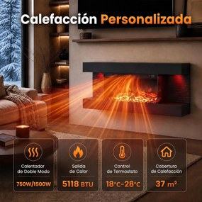 Lareira Elétrica Encastrável, 82 x 20,6 x 41,8 cm, Visão Tripla, Preto