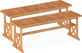 Conjunto de 2 bancos jardim de madeira de acácia para exterior 35 x 130 x 45 cm, sem encosto, com assento em ripas, para 2-3 pessoas, para sala de jan