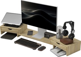 Suporte elevatório para monitor de computador de secretária, 60-116 C x 22 L x 12 A cm, com 2 gavetas, comprimento e ângulo ajustáveis cor carvalho