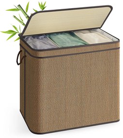 Cesto para roupa suja de 170 litros 67 x 44 x 61 cm em bambu com 3 compartimentos e tampa castanho