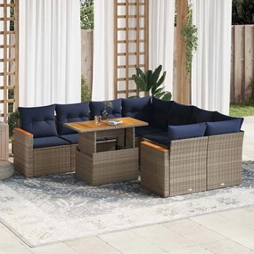 9 pcs conjunto sofás p/ jardim com almofadões vime PE cinzento