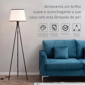 Candeeiro de Pé para Sala de Estar com Tripé de Metal Ecrã de Tecido Suporte para Lâmpada E27 Máx. 40W e Interruptor de Pé Desenho Moderno para Dormit