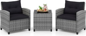 Conjunto de jardim de 3 peças, composto por cadeiras de rattan e mesa com tampo de vidro temperado para pátio, rattan em mistura de cinzento com almof