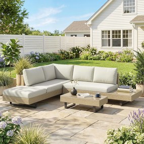 Conjunto de Jardim em Vime de 3 Peças com Sofá Modular de 3 e 2 Lugares Mesa Lateral e Mesa de Centro Bege