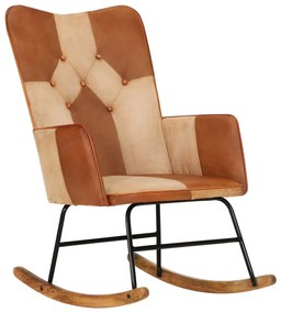 Cadeira de baloiço couro genuíno e lona castanho