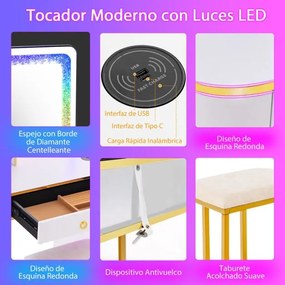 Toucador de maquilhagem RGB com espelho 4 gavetas 7 luzes LED dinâmicas 7 luzes LED estáticas Banco e portas USB tipo C para o quarto Branco