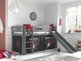 Conjunto Cama alta de Criança PINO 90 x 200 cm + estrado + escada + escorrega + cortina Piratas Cinzenta