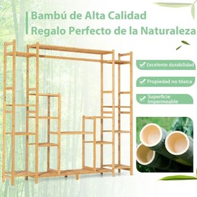 Estante de bambu para plantas 2 em 1 prateleira suspensa com 9 níveis de altura ajustável para jardim de varanda 167 x 30 x 166 cm Natural