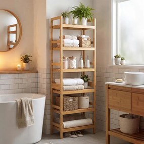 Estante de bambu para casa de banho, de pé, ajustável, com 6 níveis, 43 x 30 x 173 cm, natural