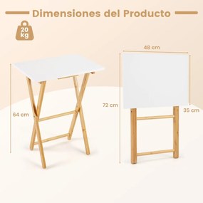 Conjunto de 2 mesas apoio dobráveis de bambu 48 x 35 x 64 cm, refeições e sofá; portátil; ideal para espaços pequenos quarto e sala de estar branco