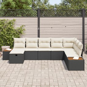 Conjunto de Sofá de Jardim com Almofadas Rattan Polido Preto de 8 Peça