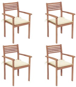 Cadeiras de jardim c/ almofadões cor creme 4 pcs teca maciça