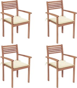 vidaXL Cadeiras de jardim c/ almofadões cor creme 4 pcs teca maciça
