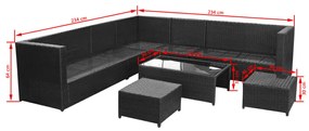 8 pcs conjunto lounge de jardim c/ almofadões vime PE preto