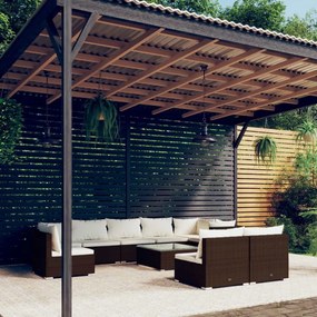 vidaXL 10 pcs conjunto lounge jardim c/ almofadões vime PE castanho
