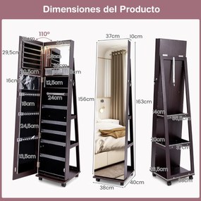 Armário para joias com fechadura 40 x 38 x 164 cm com Espelho de maquilhagem LED com 3 cores Prateleiras ajustáveis e rodas universais Castanho Escuro
