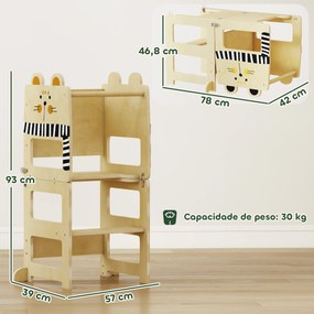 Torre de Aprendizagem 3 em 1 Dobrável Conversível em Secretária e Cadeira com Quadro Estampado de Gatos Madeira