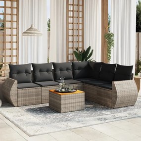 7 pcs conjunto sofás p/ jardim c/ almofadões vime PE cinzento