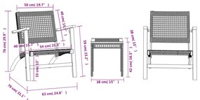 3 pcs conjunto de bistrô vime PE/madeira de acácia maciça bege