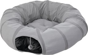 Túnel redondo para gatos de interior com cama e almofada, dobrável, com orifícios para bolas e mirilhão, Ø 90 x 27 cm, cinzento