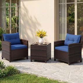 Conjunto jardim de 3 peças: cadeiras de rattan e mesa com tampo de vidro temperado. Mobiliário de exterior em vime para pátio, Castanho com almofadas