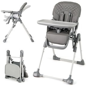 Cadeira refeição alta dobrável para bebés, cadeira infantil com função reclinável e altura ajustável, cinzenta