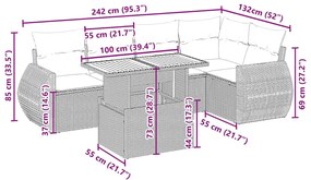 6 pcs conjunto de sofás p/ jardim com almofadões vime PE bege