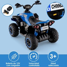 Moto 4 para crianças a bateria 12V com velocidade regulável Luzes LED Música Pedal 3-8 anos 94 x 60 x 73 cm Azul