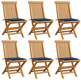 vidaXL Cadeiras de jardim c/ almofadões azul real 6 pcs teca maciça