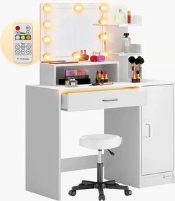 Toucador de maquilhagem Jocelyn 140x90x40cm, com iluminação LED e banco com rodas branco