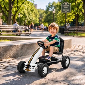 Kart a Pedais para Crianças +3 Anos com Assento Ajustável, Volante, Travão de Mão, Estrutura em Alumínio e Aço, 30 kg, Branco