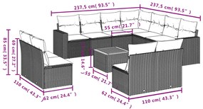 12 pcs conjunto de sofás jardim c/ almofadões vime PE cinzento