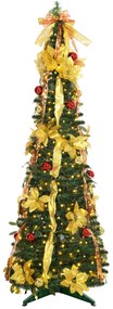 HOMCOM Árvore de Natal Dobrável 180 cm Árvore de Natal Artificial com Luzes LED e Decorações Pré-Instaladas Ø60x180 cm Verde