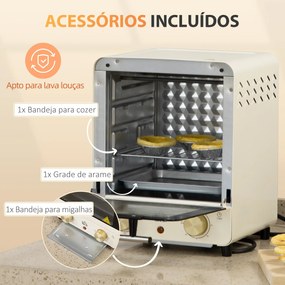 Mini Forno Elétrico de Convecção 15 Litros 1000W Forno com Temperatura até 230°C Temporizador 60 Minutos Bandeja e Grade 25,5x27,5x32cm Creme