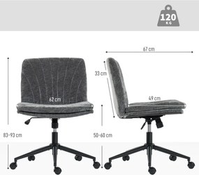 Cadeira de Escritório com Assento Largo sem Apoios de Braço Rodas Altura Ajustável Giratória Função Basculante 62x67x83-93 cm Cinza