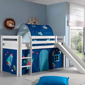 Conjunto Cama alta de Criança PINO 90 x 200 cm + estrado + escada + escorrega + cortina + túnel Astronauta branca