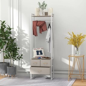 Suporte para Cabides com 3 Gavetas de Tecido Barra para Pendurar e Prateleira para Entrada Quarto 58,5x30x178 cm Natural