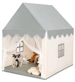 Tenda para crianças 120 x 105 x 140 cm Estrutura de madeira sólida e tapete de algodão, casa com loja, porta e janela bege