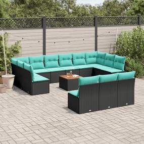 vidaXL 14 pcs conjunto de sofás p/ jardim c/ almofadões vime PE preto
