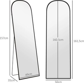 Espelho de pé retangular arredondado com moldura em alumínio e suporte, ideal para a entrada, quarto ou closet, 50 x 161,5 cm, preto