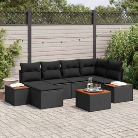 vidaXL Conjunto de Sofás de Jardim com 7 Peças e Almofadas Pretas de Rattan Poliéster de Acácia