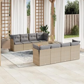 9 pcs conj. sofás jardim c/ almofadões vime PE bege misturado